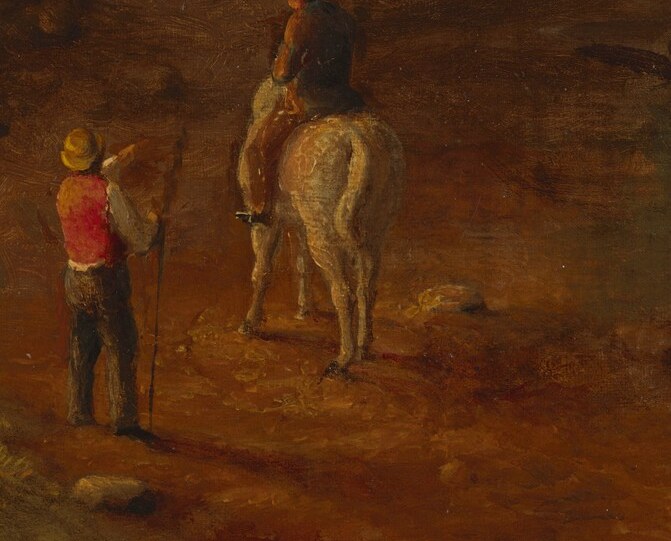 Look at the man on the white horse by the riverbank.