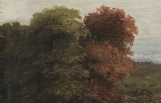 These trees, with a mix of green and autumnal red foliage, add depth and color variation to the scene.