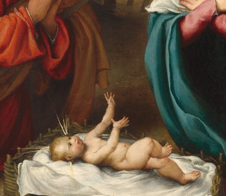 The luminous, unclothed infant is the devotional focal point , radiates light upward onto the parents' faces, anchoring the entire composition