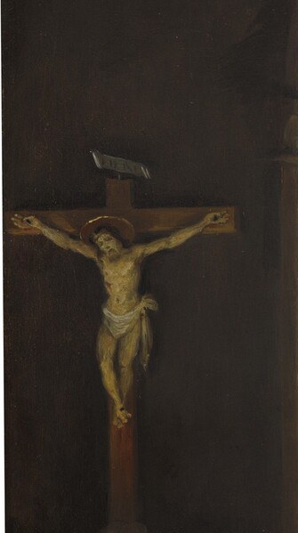Deliberately out-of-time , a crucifix present at the Nativity prefigures the Crucifixion and is described in sources as 'rather unusual'; a hidden theological argument built into the composition