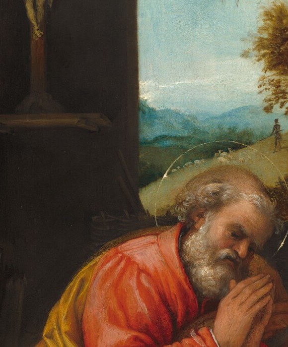 His wide eyes and open expression of awe contrast with Mary's serene calm , Lotto individuates each figure's emotional response