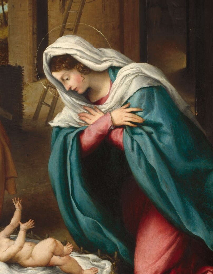 The saturated ultramarine is Lotto's most expensive pigment choice , signals her queenly status even in a stable setting; the drapery folds show his virtuoso handling of cloth