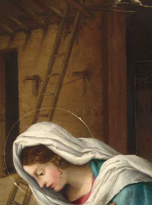 Her inclined head and half-closed eyes convey tender contemplation; Lotto renders her emotion with unusual intimacy for a private devotional work
