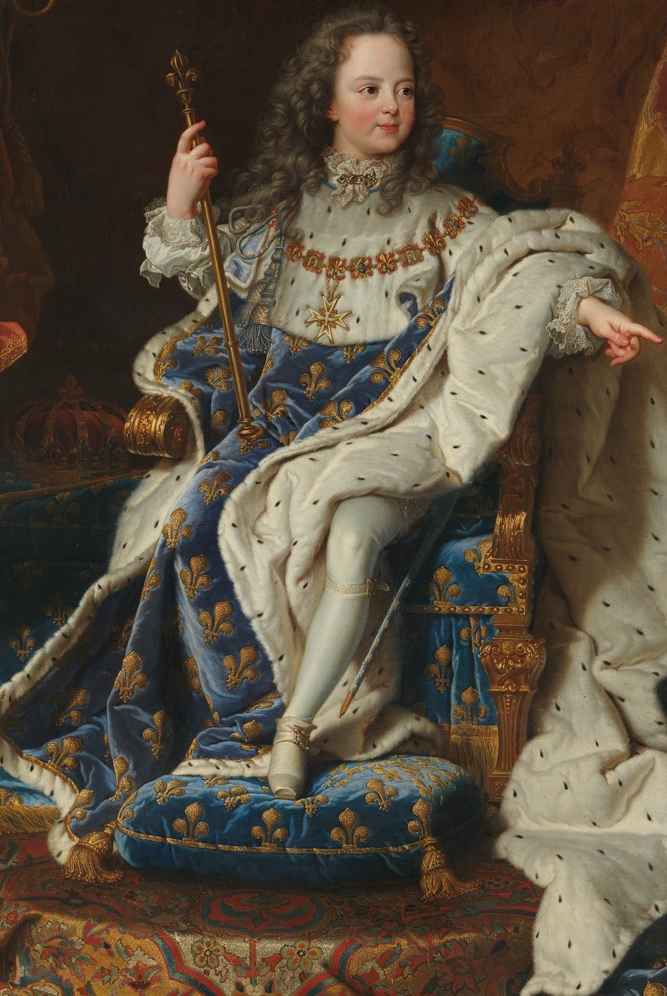 Rigaud's virtuoso textile passage , each fleur-de-lis is individually rendered; the pattern is France's oldest heraldic symbol and a decoder target in its own right.