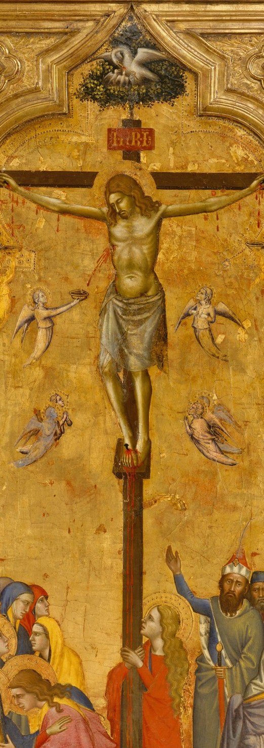 The central axis of the entire composition; the tilt of the head and the elongated body convey suffering while gold light bathes the form, making sacrifice and divinity inseparable.