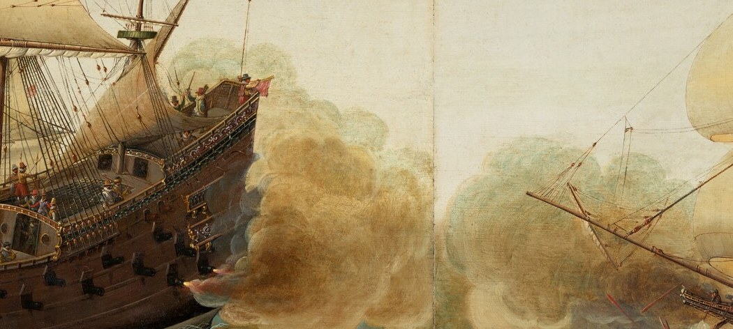 The sea is rough, the battle fierce, smoke fills the air.