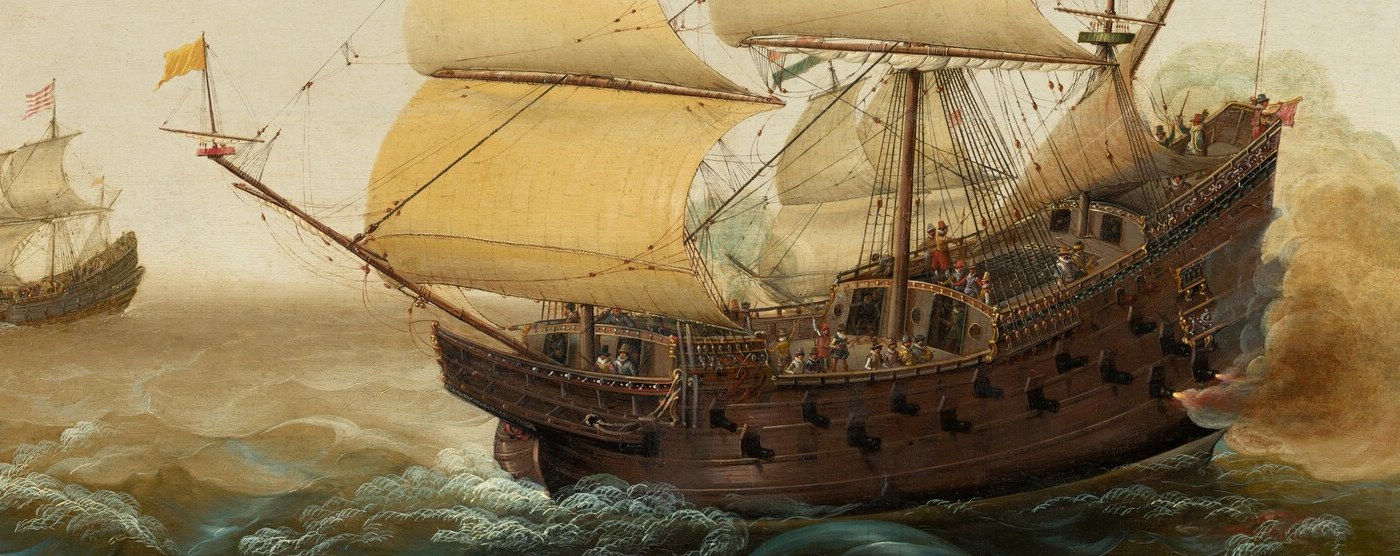 The striped flag (likely red, yellow, red) identifies the Spanish vessel, central to the conflict depicted.
