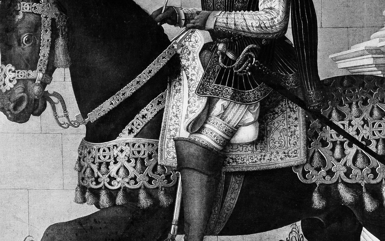 The repetitive decorative fringe running the horse's flank is a virtuoso passage of the painter's rendering skill