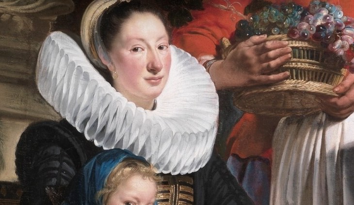 His wife wears an elaborate ruff collar.