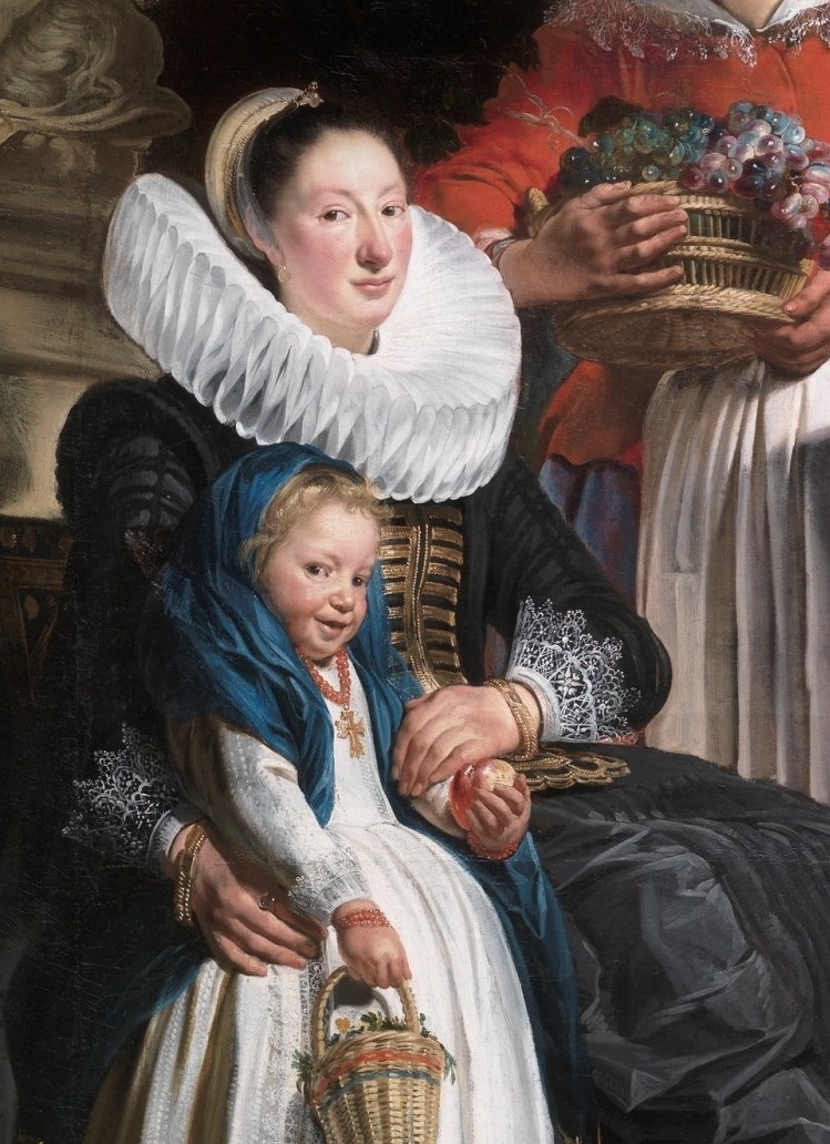 Her serene expression and elaborate ruff indicate her status and the domestic comfort of the family.