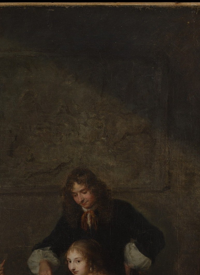 His body angled in rapt attention creates a diagonal tension pulling the eye across the card table, he watches but cannot play, suggesting a complex power dynamic.