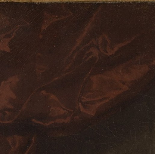 A composed, attentive expression half-turned toward the card game, she embodies the observer-participant dynamic that organises the whole composition.