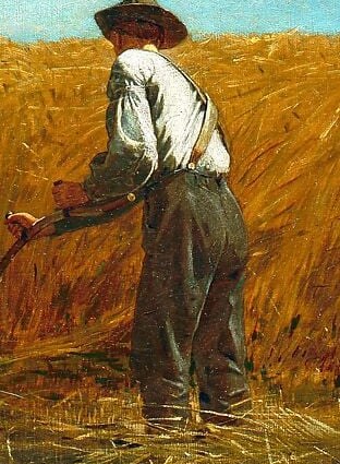 The farmer's back is to us, his face unseen.