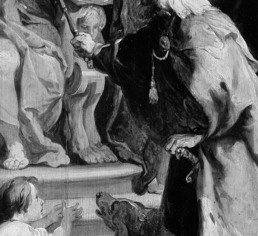 The largest single figure mass in the lower half , likely the condemned or supplicant; the dramatic foreshortening of the back and dark robes draw the eye and imply subjugation or plea.