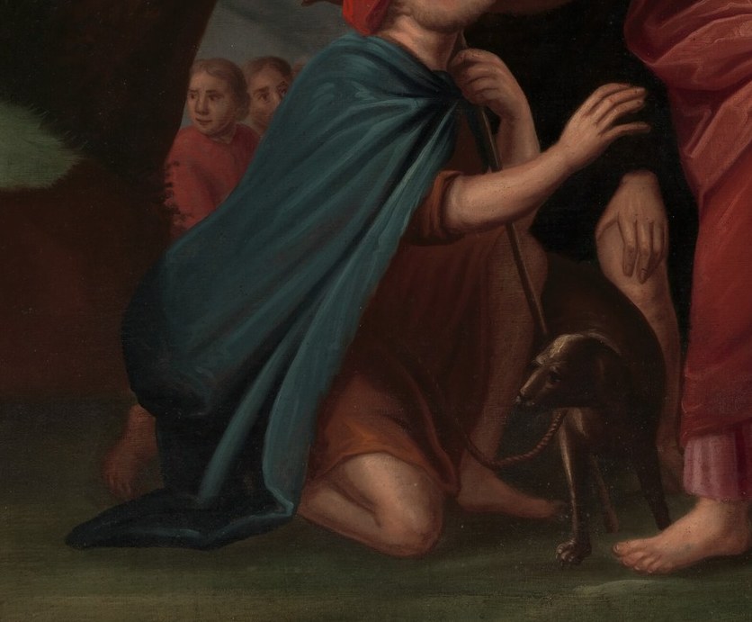 A blind man, kneeling, awaits a miracle.
