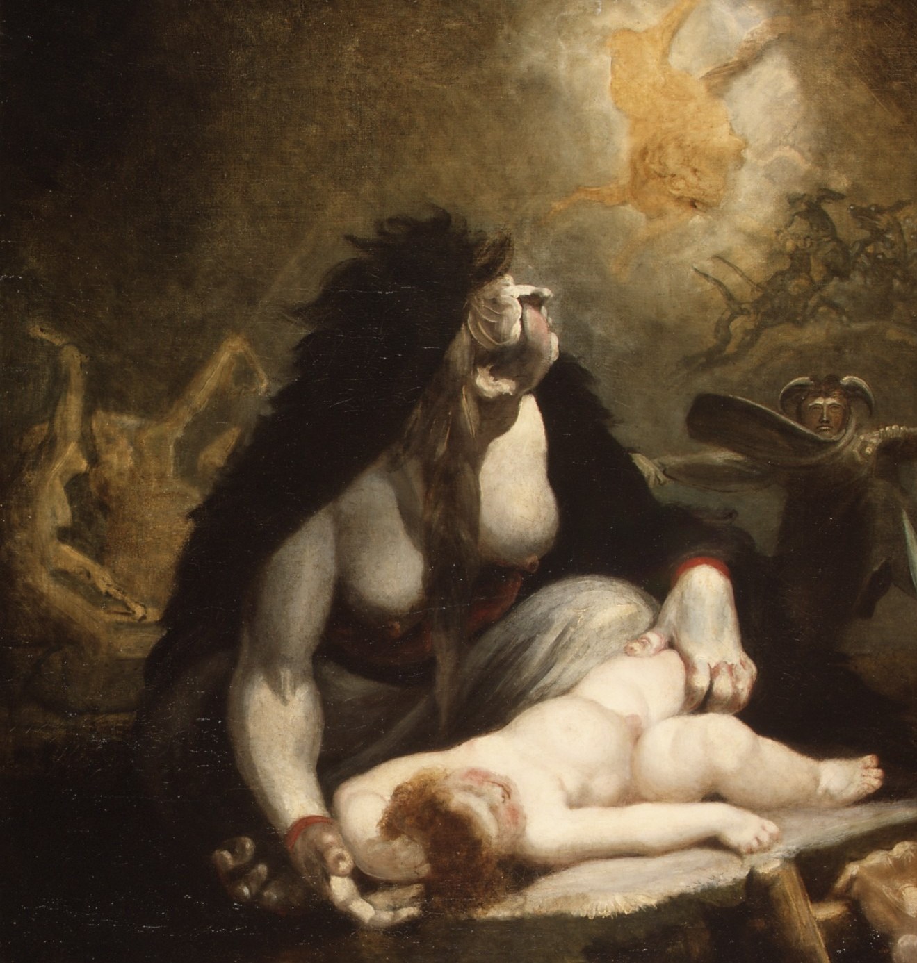 A witch hovers over a sleeping child.