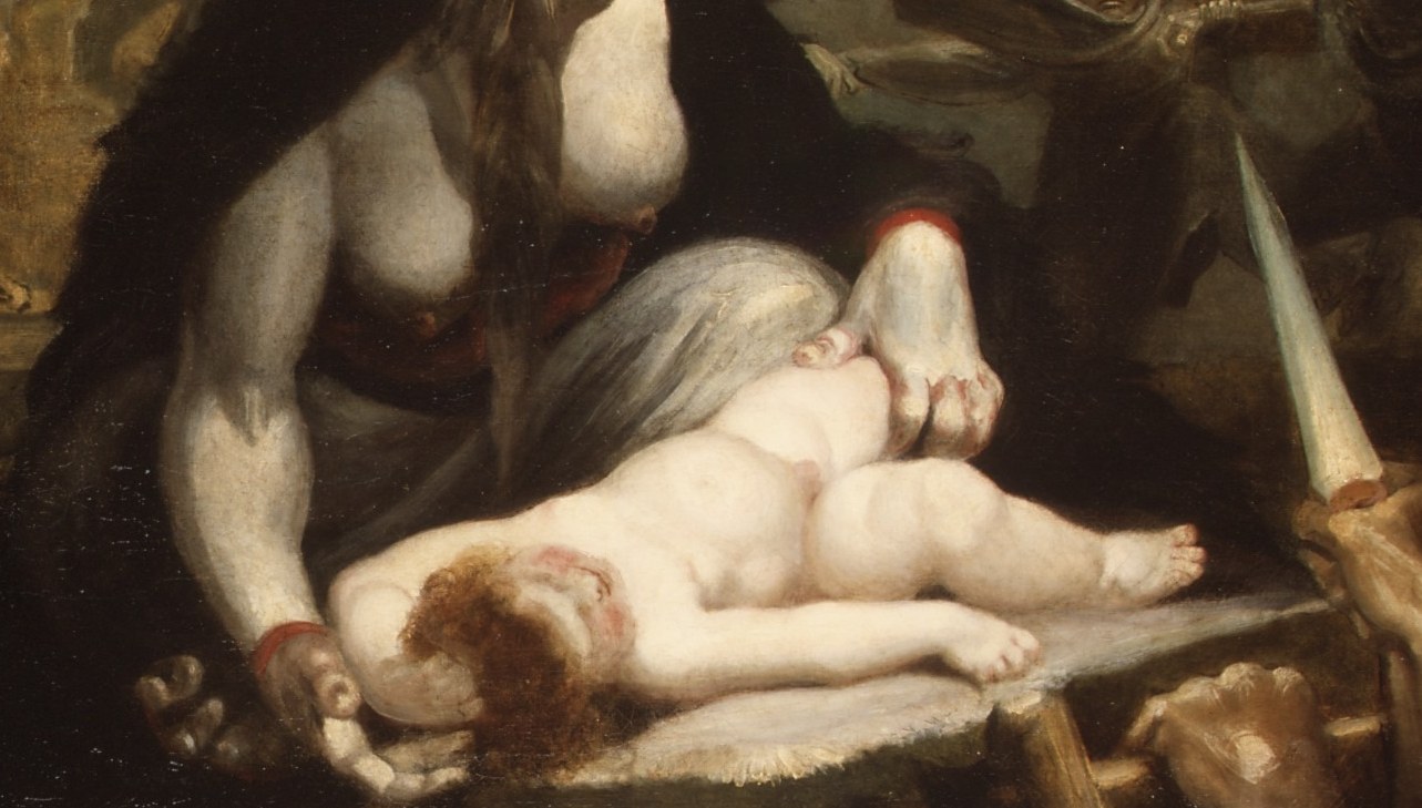 The child's phosphorescent skin against absolute darkness is the painting's primary light engine; innocence rendered as vulnerability