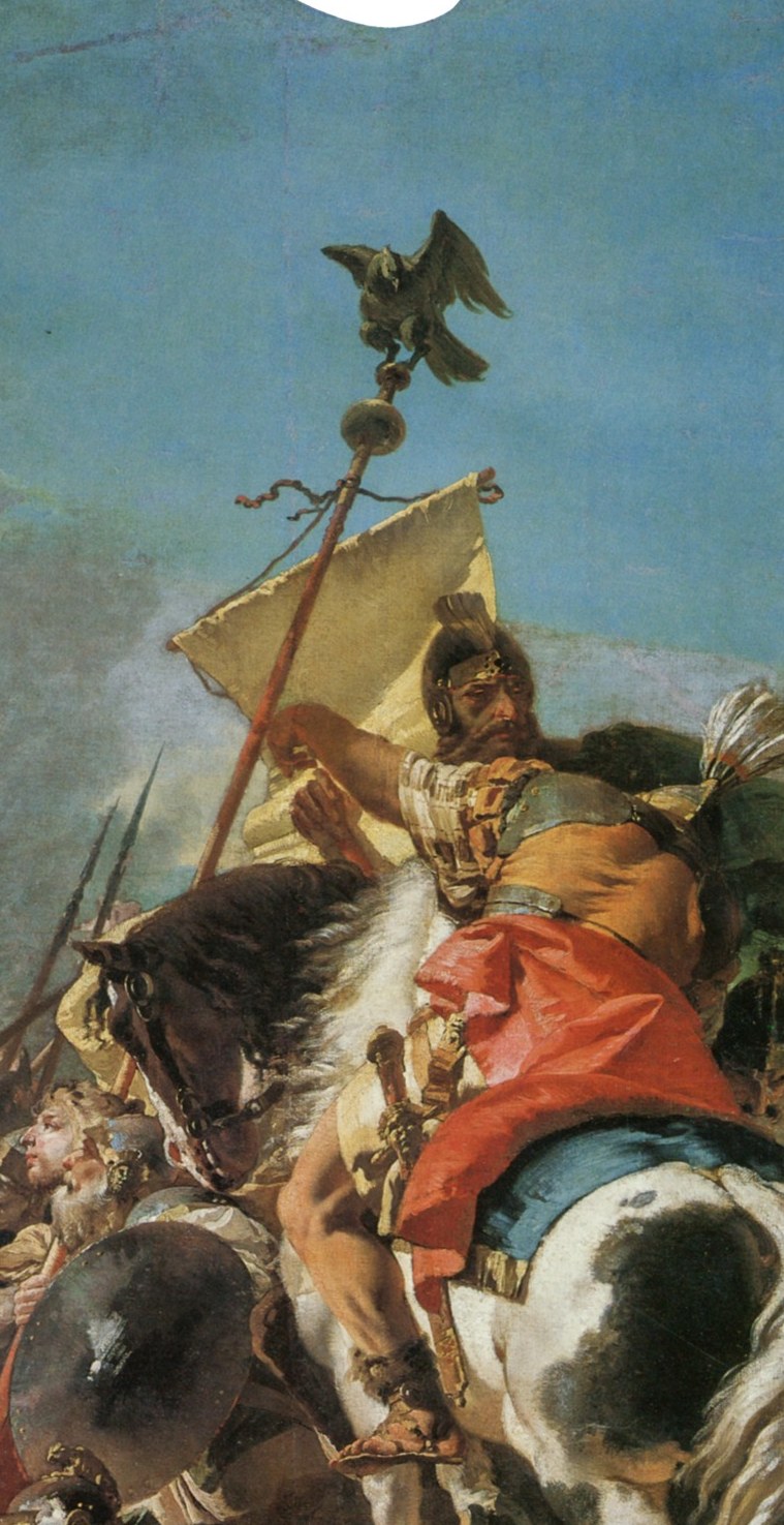 The compositional fulcrum: his upward thrust with flag and lance directs the eye and signals Roman triumph; his elaborate cuirass catches the brightest light in the painting.