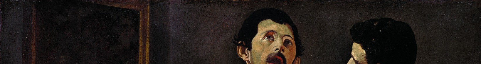 The abrupt dark-to-light transition is Velázquez's Caravaggesque chiaroscuro at its most stark; the figures emerge from shadow as if lit by a single off-left candle or window.