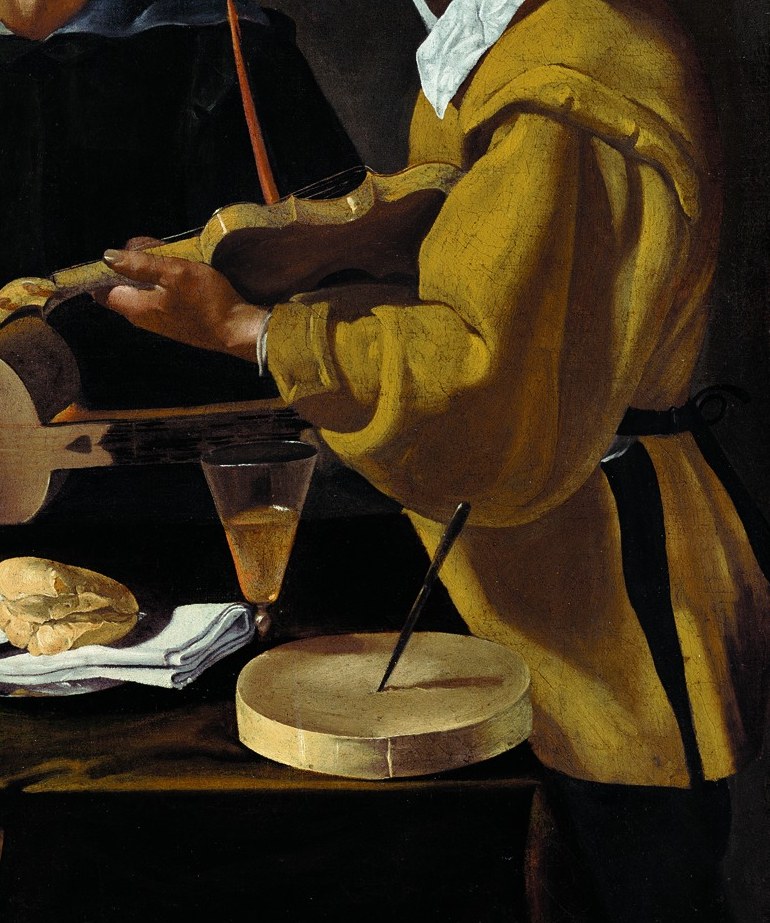 The most saturated color in the composition by far; Velázquez deploys it to anchor the eye on the right and establish social hierarchy through dress.