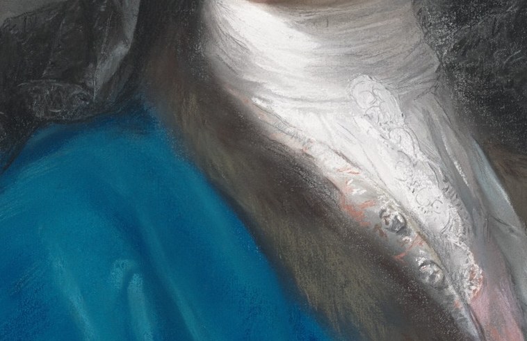 The bautta's lattughino , lace that normally framed the volto mask; here it frames bare skin instead, making the costume's logic visible as an inversion.