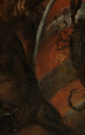 A glint of armor, a shield, a spear.