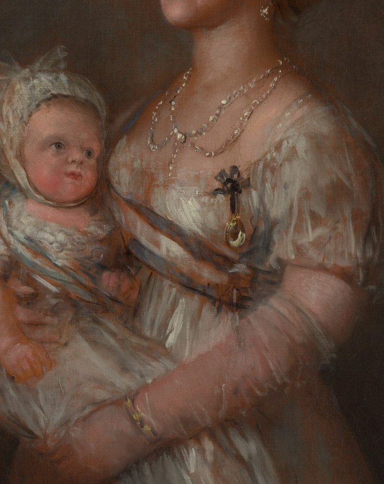 The baby's round, bonneted head and swaddled body embody the dynastic future , a future king cradled by his mother, heir to a collapsing empire.