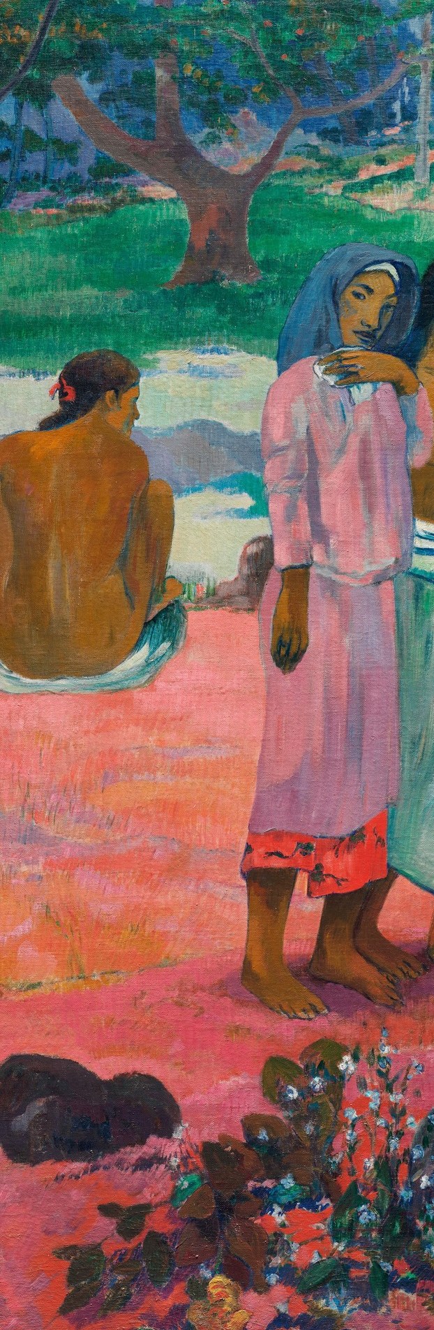 The compositional anchor , her white garment blazes against the salmon ground, and the relaxed posture contrasts with the summoning gesture of her companion