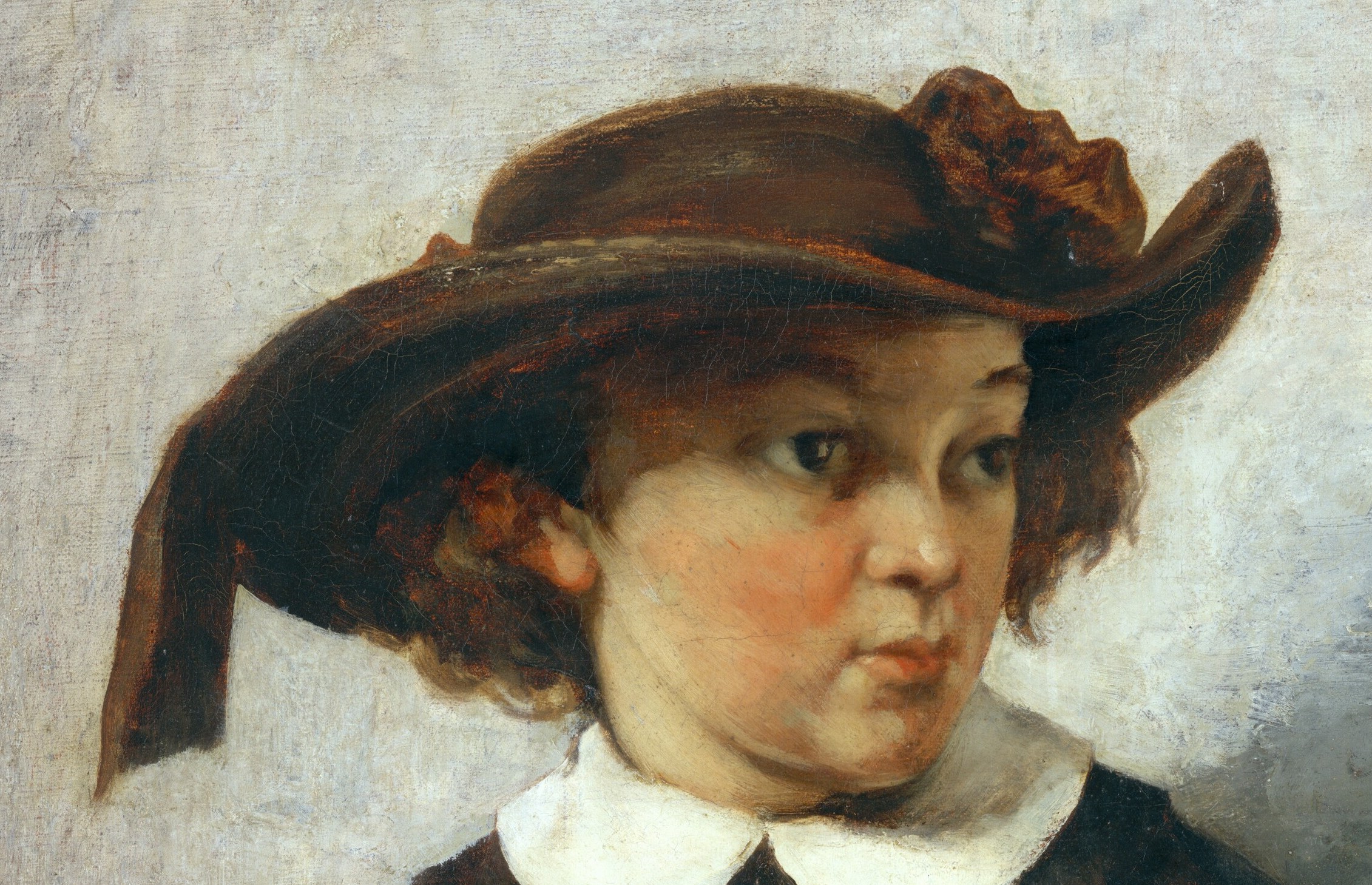 See how brushstrokes build the rough texture of her hat.