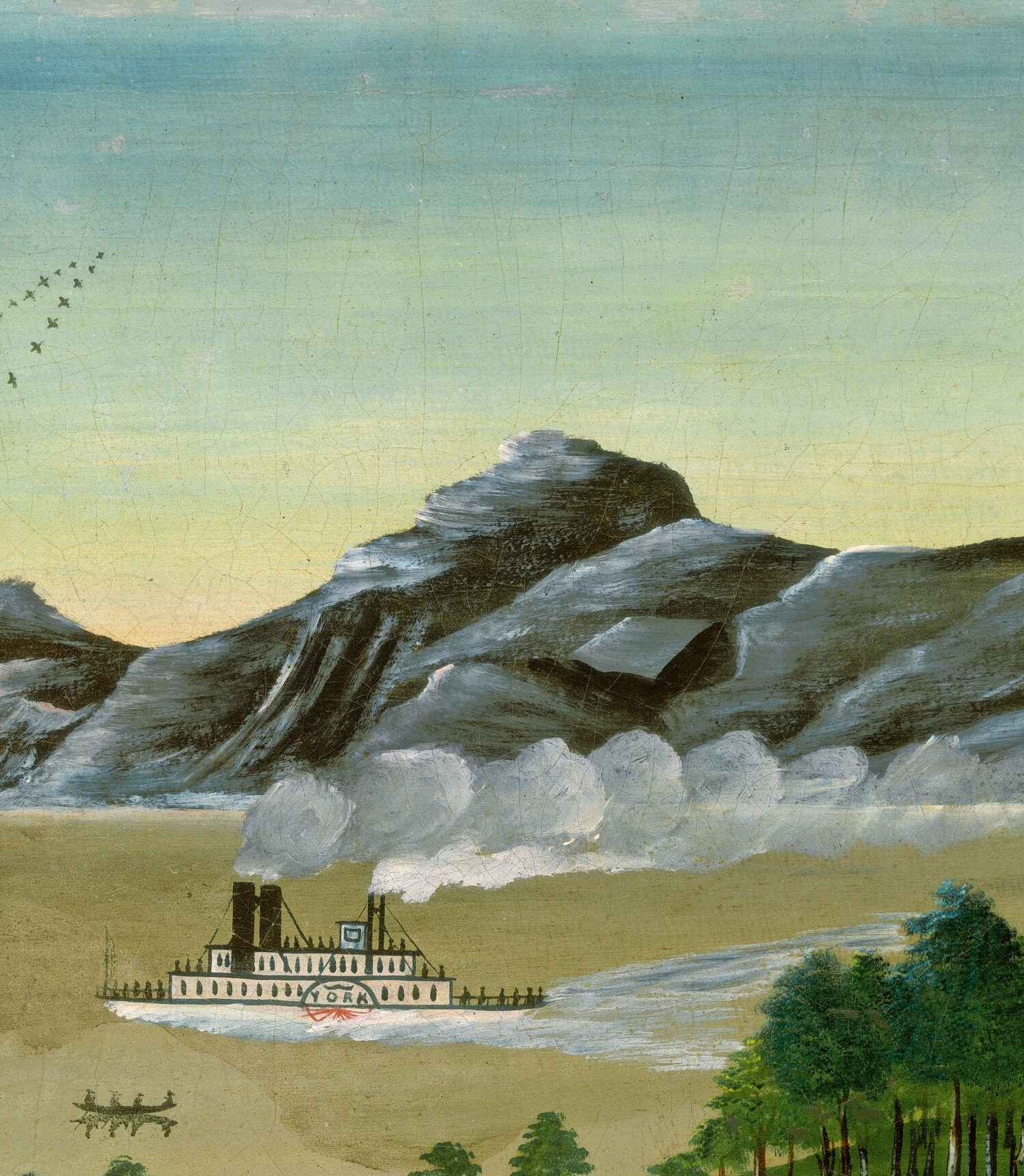 Rendered in the folk-art manner as an almost silhouetted mass with minimal internal modeling; its sheer scale dwarfs every human-made element and anchors the entire composition