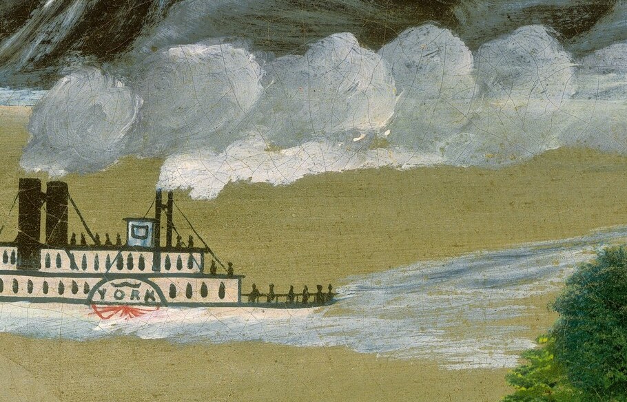 But below, a paddle steamer churns the calm water.