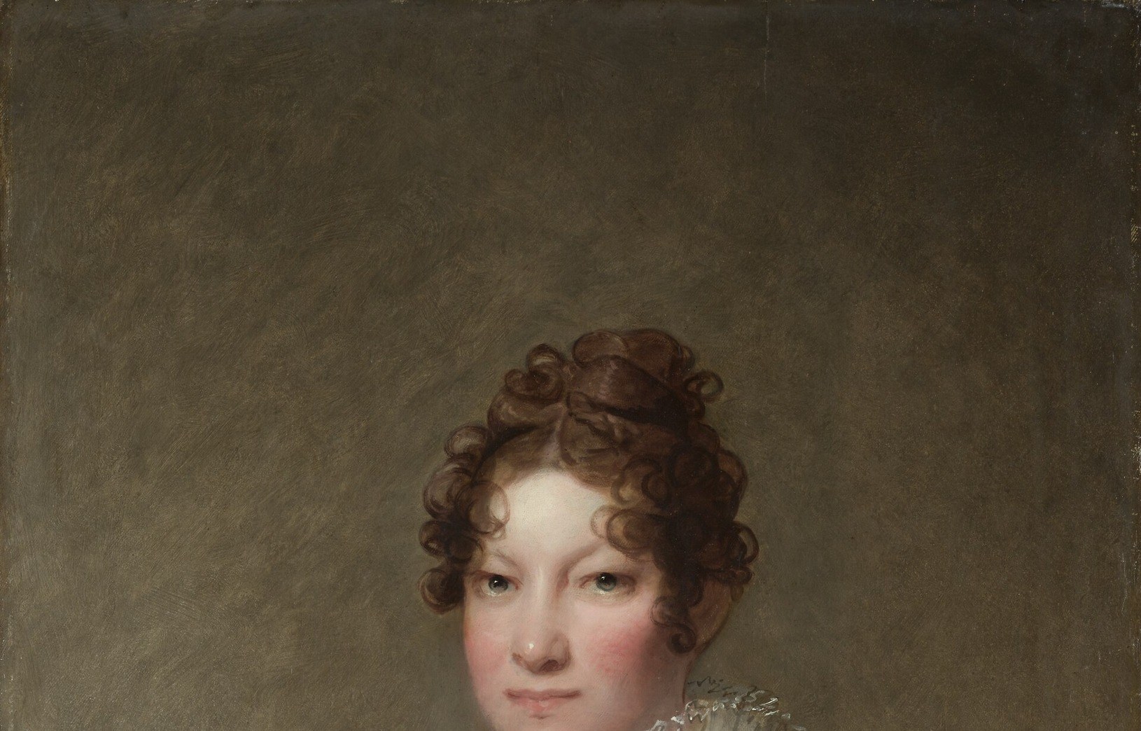 The subdued, textured background focuses attention on the sitter without distraction, creating a sense of depth.