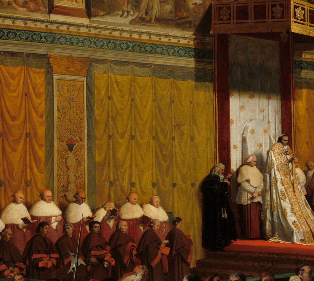 A dense wall of ecclesiastical red that frames and amplifies the Pope's isolated whiteness; the collective power of the Church made visible as a human backdrop