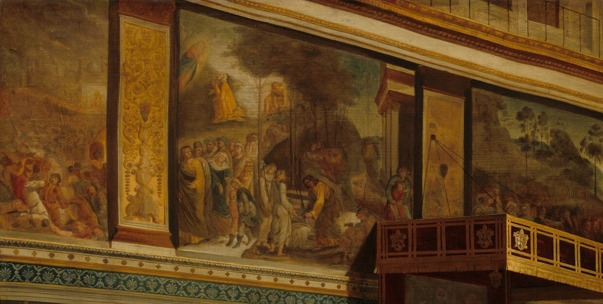 Ingres records the Sistine Chapel's lateral wall scheme , painted pilasters and fresco registers that most visitors never study , placing the scene within an identifiable and dateable architectural context