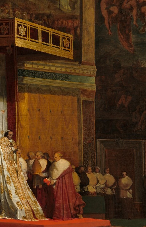 The compositional anchor; his luminous white contrasts sharply with the surrounding reds and golds, visually enacting the restoration of papal authority after Napoleonic captivity