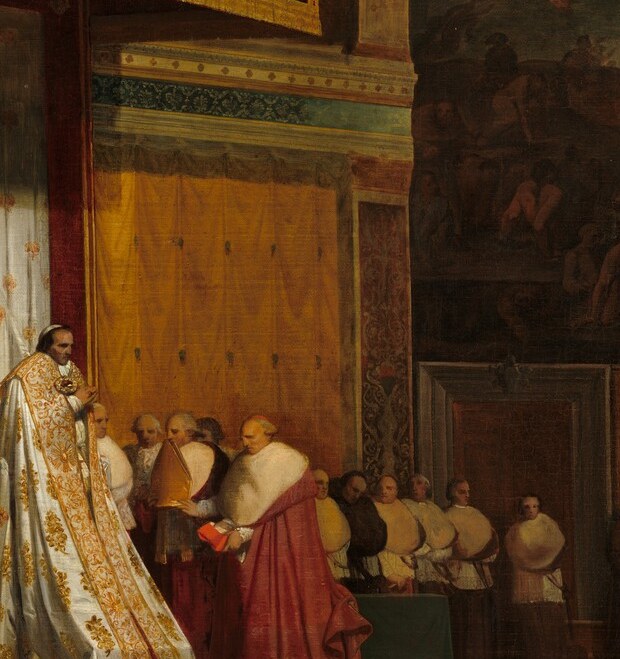 Ingres's neoclassical virtuosity , rendering luminous white silk in layered folds against the gold and red surroundings, a technical tour de force of tonal control