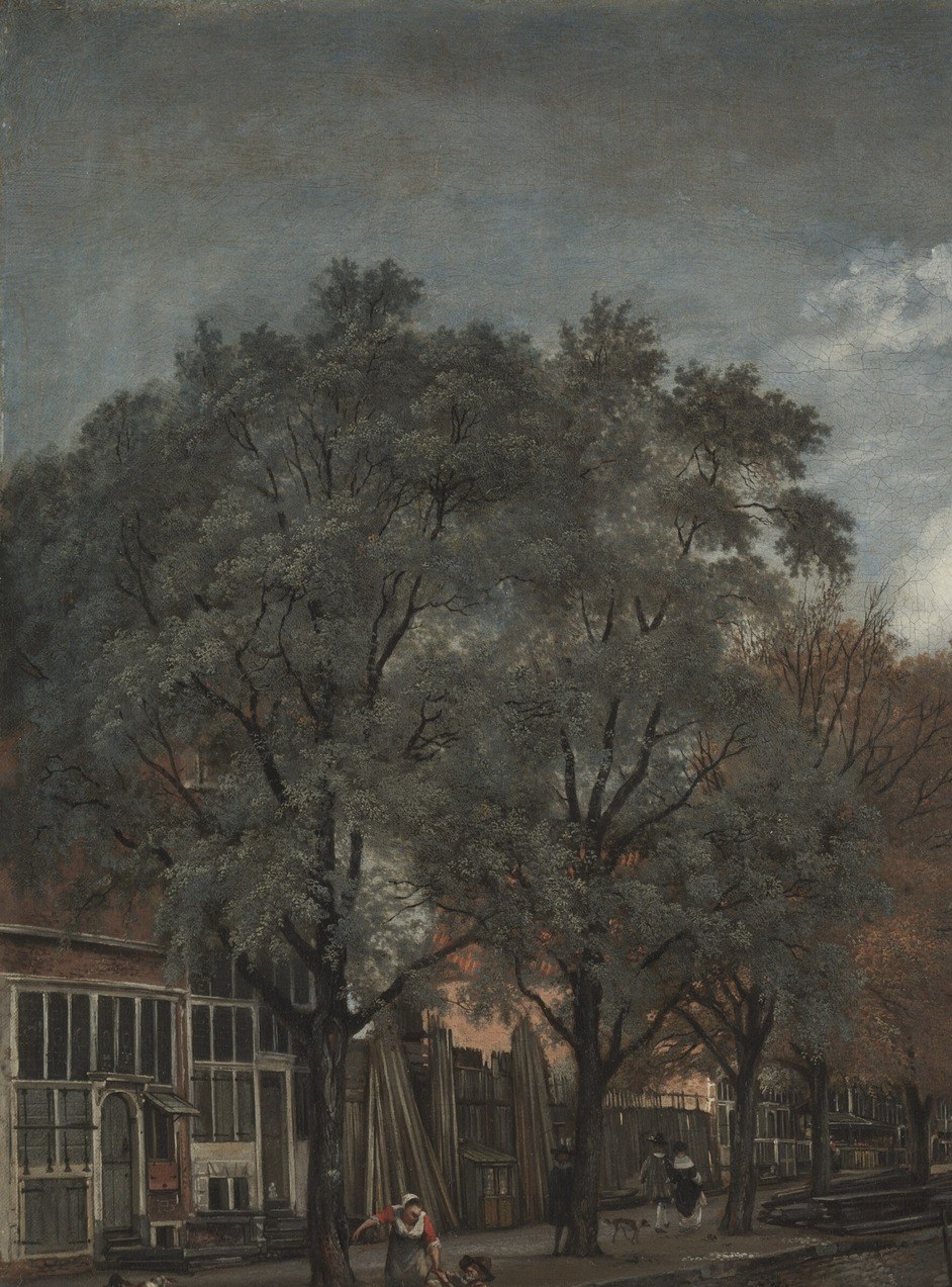 Winter or late-autumn season marker; the skeletal silhouette against bright sky is the painting's most dramatic graphic gesture