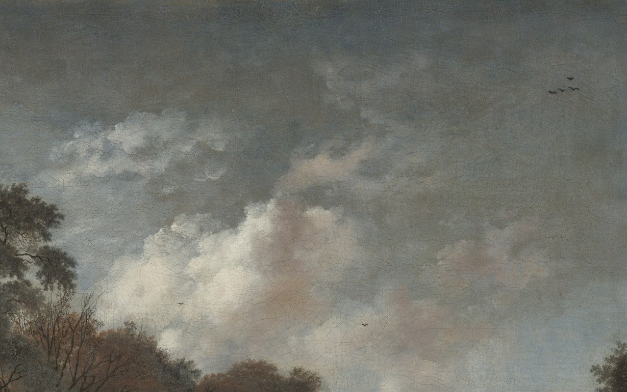 Wijnants' theatrical light engine: the single rupture in dark clouds floods the canal and bridge with a warm spotlight, a technique that influenced later Dutch landscapists