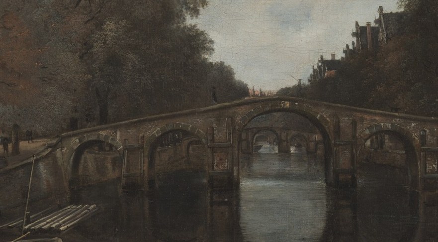 The compositional spine that organises depth; its arches frame the water behind and mark this as a specific, navigable geography of 17th-century Amsterdam