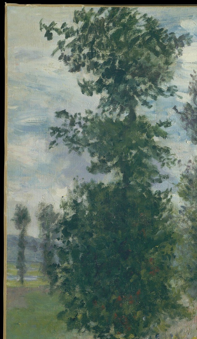 Vertical anchor that structures the entire composition; its dark mass makes the luminous sky beyond it snap into contrast and anchors the Argenteuil plein-air setting.