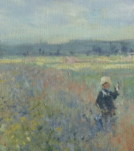 A woman walks alone in the tall grass.