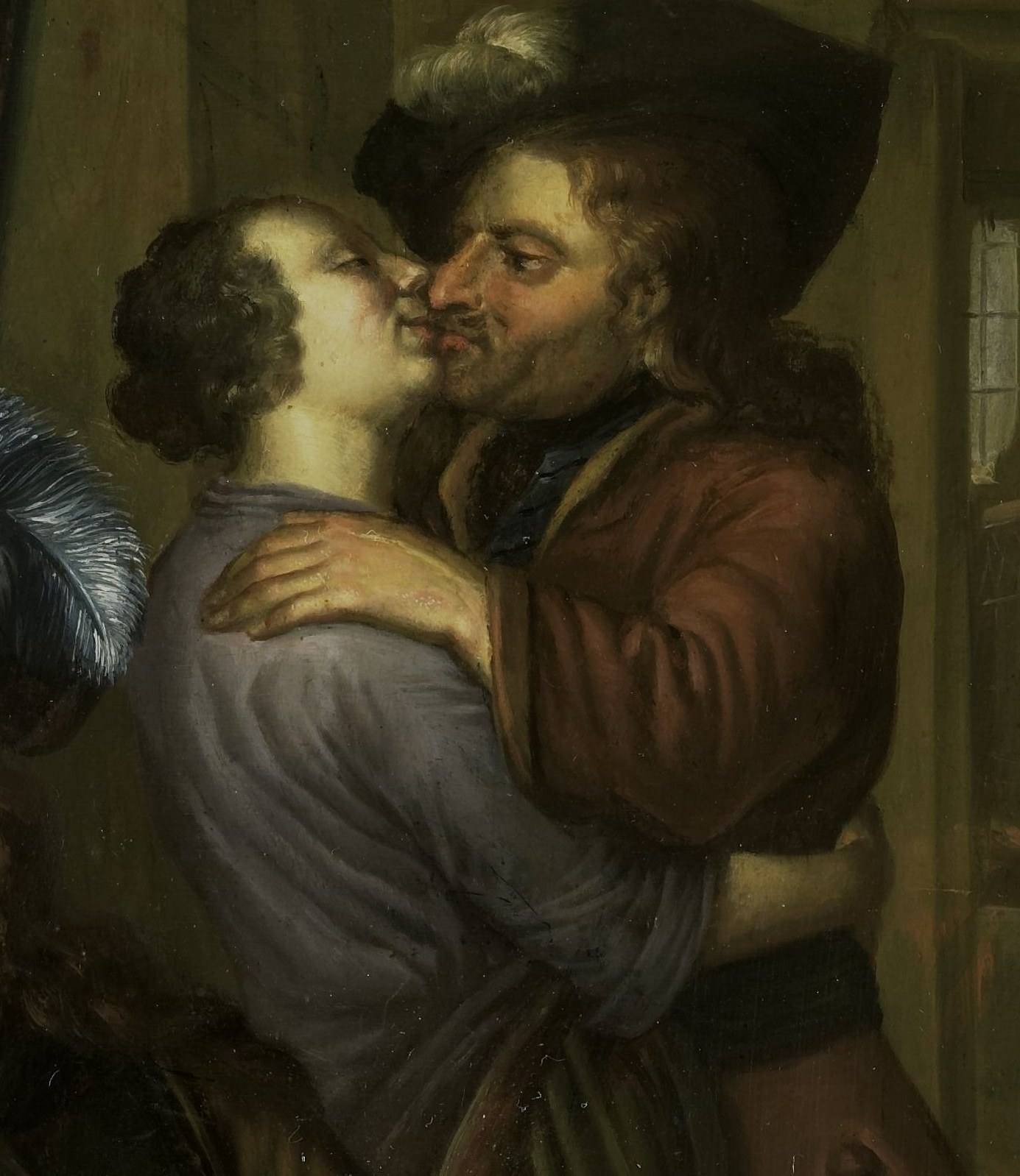 A soldier embraces a woman in a modest white dress.