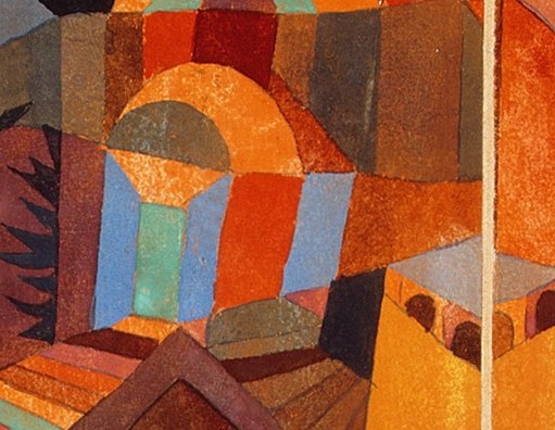 Its abstract shapes create a serene, imagined space.