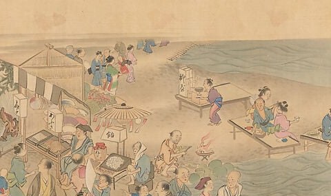 The most chromatic passage: richly colored garments signal a seasonal festival or aristocratic outing; the variety of hues maps social rank and occasion across a single panoramic moment.