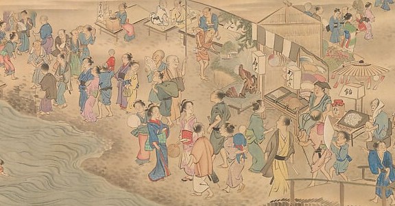 Dozens of tiny kimono-clad figures compressed onto the bridge surface reveal Edo-period Kyoto's social mixing , commoners, merchants, and possibly samurai sharing the same crossing in a rare leveling moment.