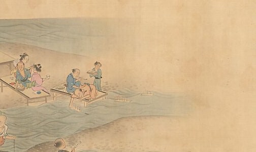 A visually quieter section , likely a different season or location within Kyoto, offering a tonal contrast to the packed central bridge scene and hinting at the scroll's narrative continuity across time.