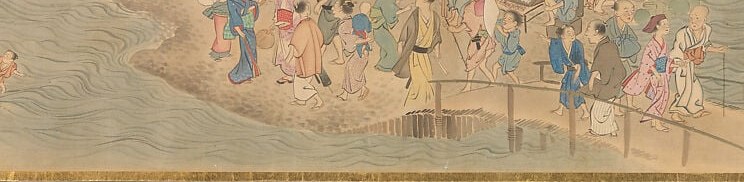 The Kamo River as painted surface , its pale washes create the visual breathing room that makes the crowded bridge above feel more dramatic by contrast.
