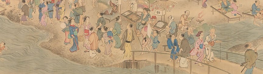 The dominant architectural spine of the composition , a raised wooden causeway (likely the Gojo or Sanjo Bridge over the Kamo River) that anchors all human activity and gives the scroll its physical and social framework.