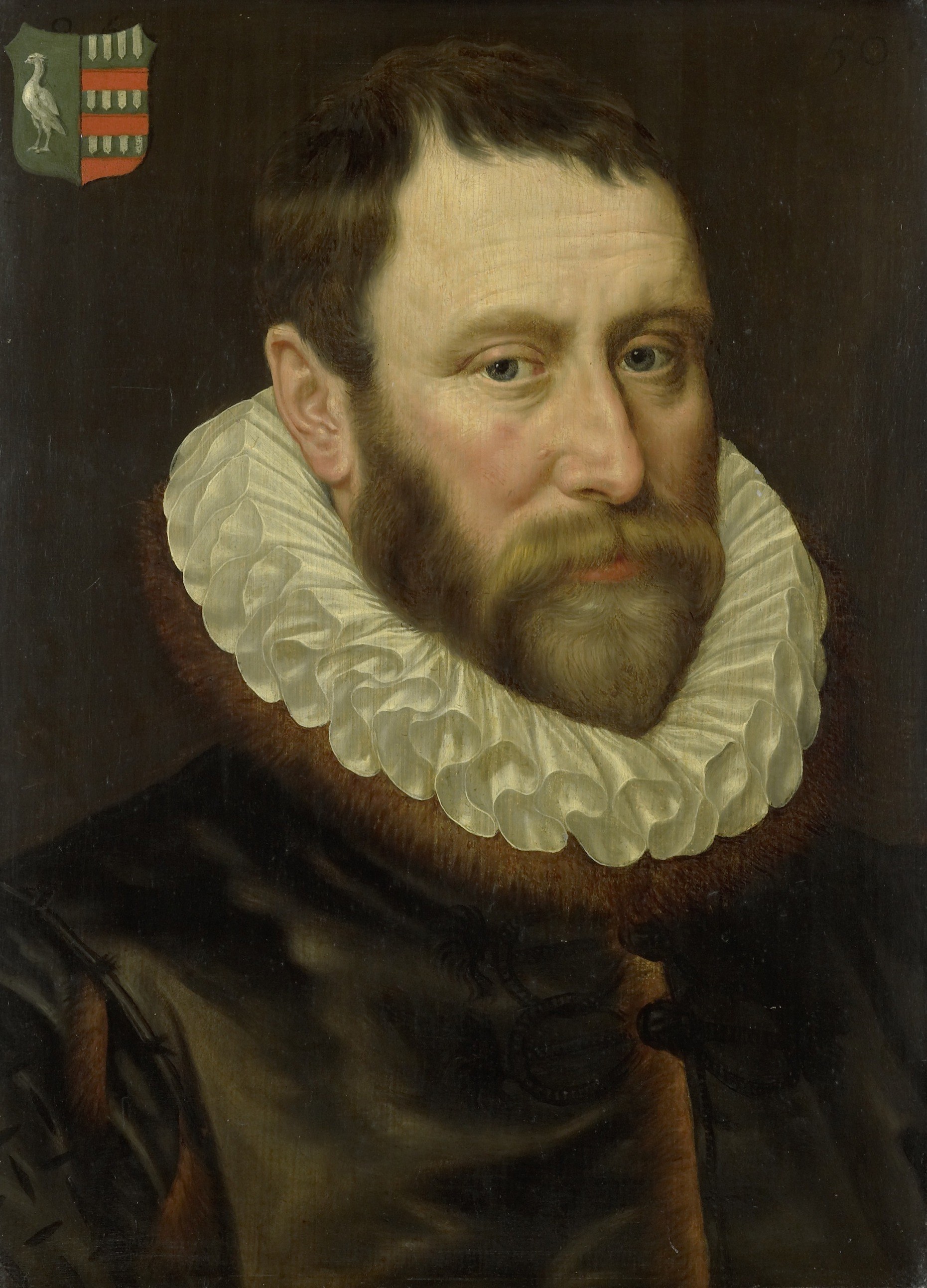 The deep, unadorned background pushes the figure forward, focusing all attention on his presence and status.