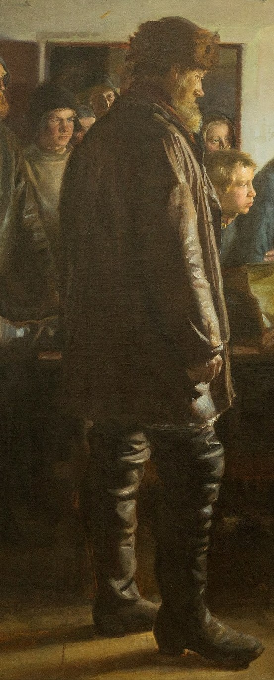 His imposing figure and stern expression dominate the left side, representing the community's stoic response to loss.
